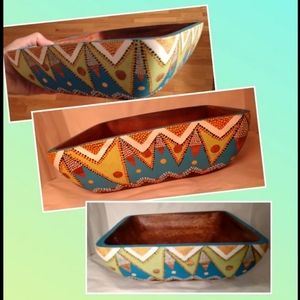 Upcycled Wood bowl Aztec tribal boho handpainted